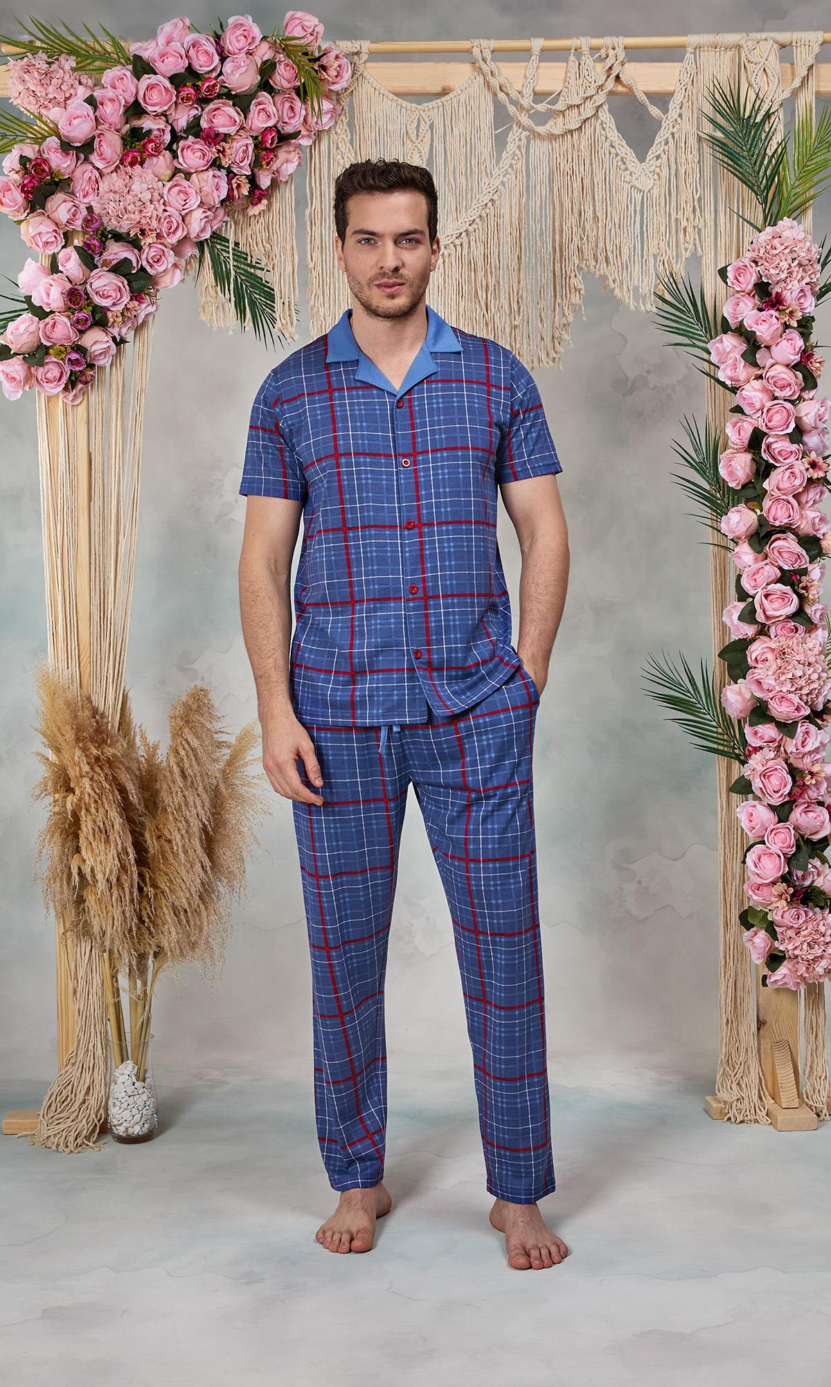 DOREANSE Erkek Mavi Kırmızı Ekose Desenli Gömlek T-Shirt Pijama Takımı 25Y4579