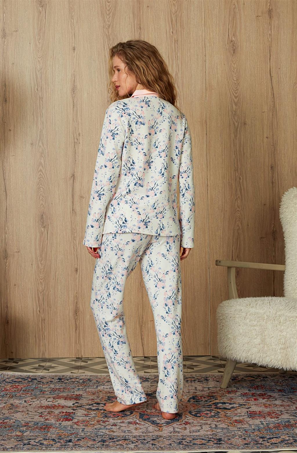 DOREANSE Kadın Ekru Pembe Çiçek Desenli Gömlek Pijama Takımı 4234