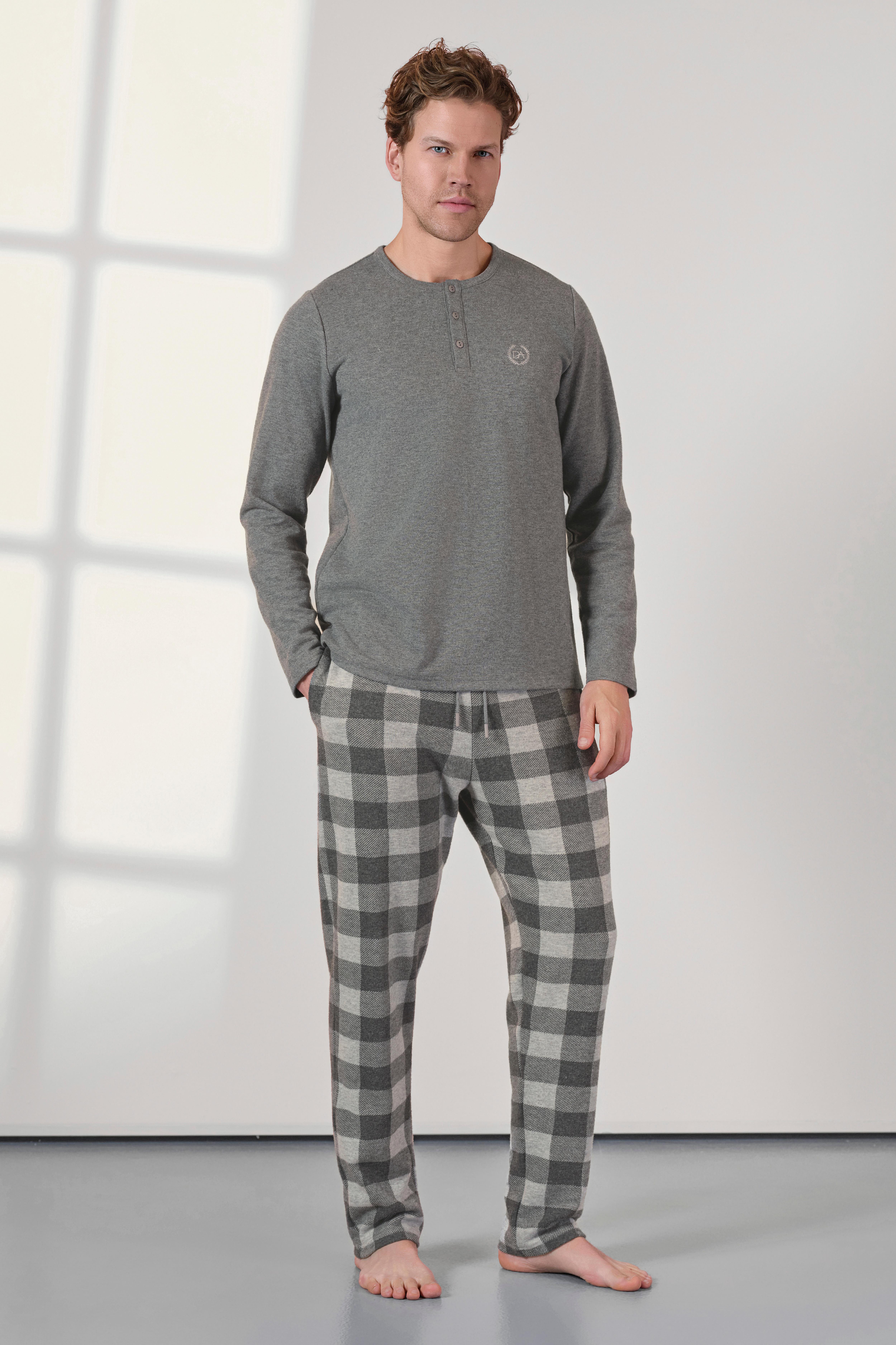 DOREANSE Erkek Lacivert Dokuma Kumaş T-Shirt Pijama Takımı 25K4536