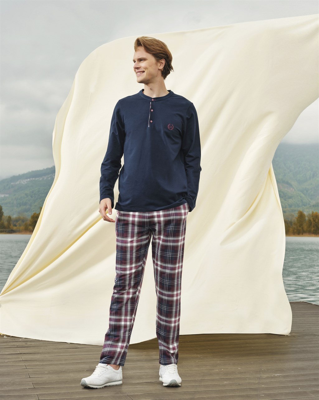 DOREANSE Erkek Lacivert Kareli Düğme Yakalı Uzun Kol T-Shirt Pijama Takımı  4703 | galiyet.com