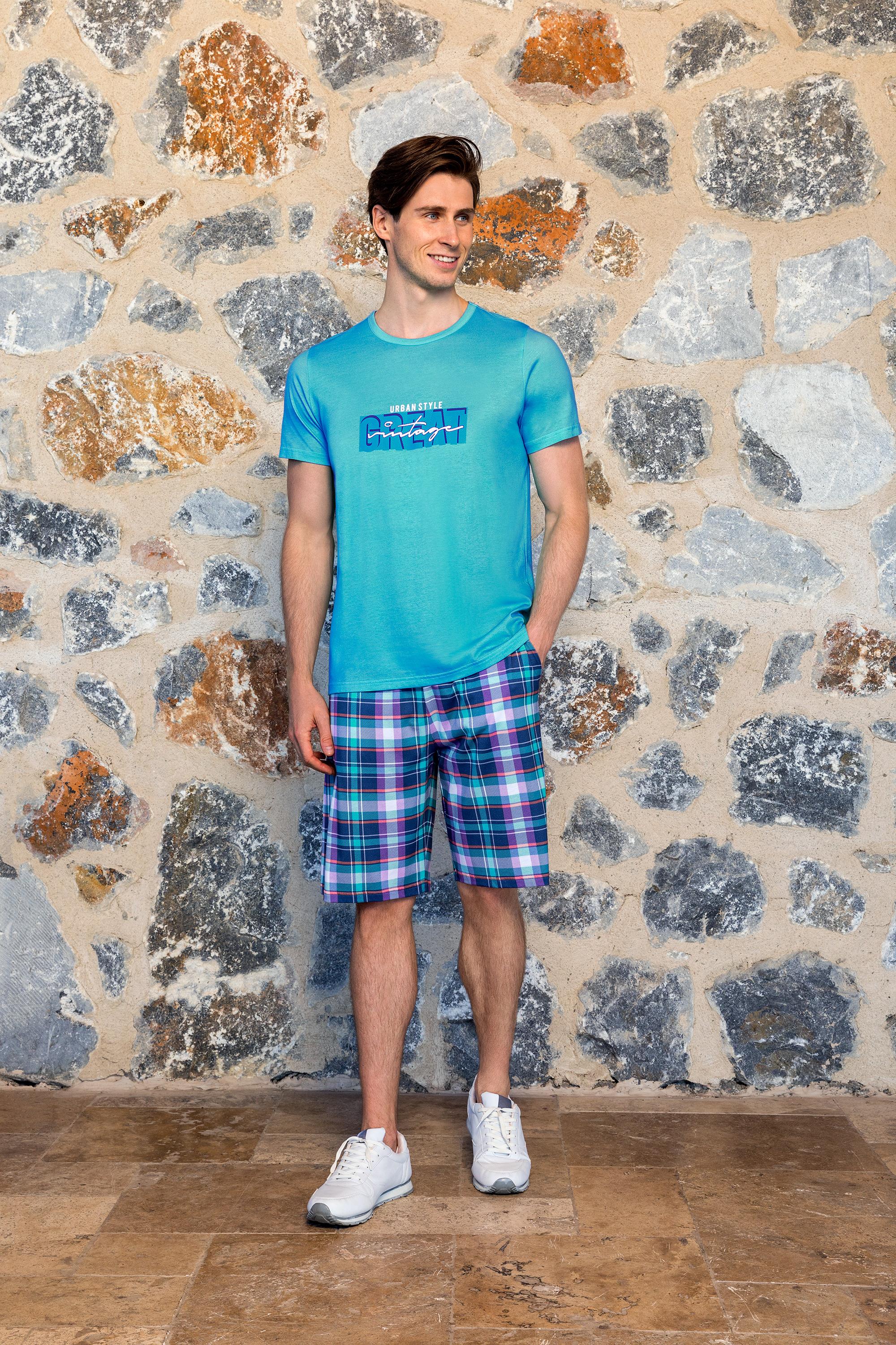 DOREANSE Erkek Turkuaz Baskılı Ekose Desenli Şort T-Shirt Pijama Takımı 24Y4507