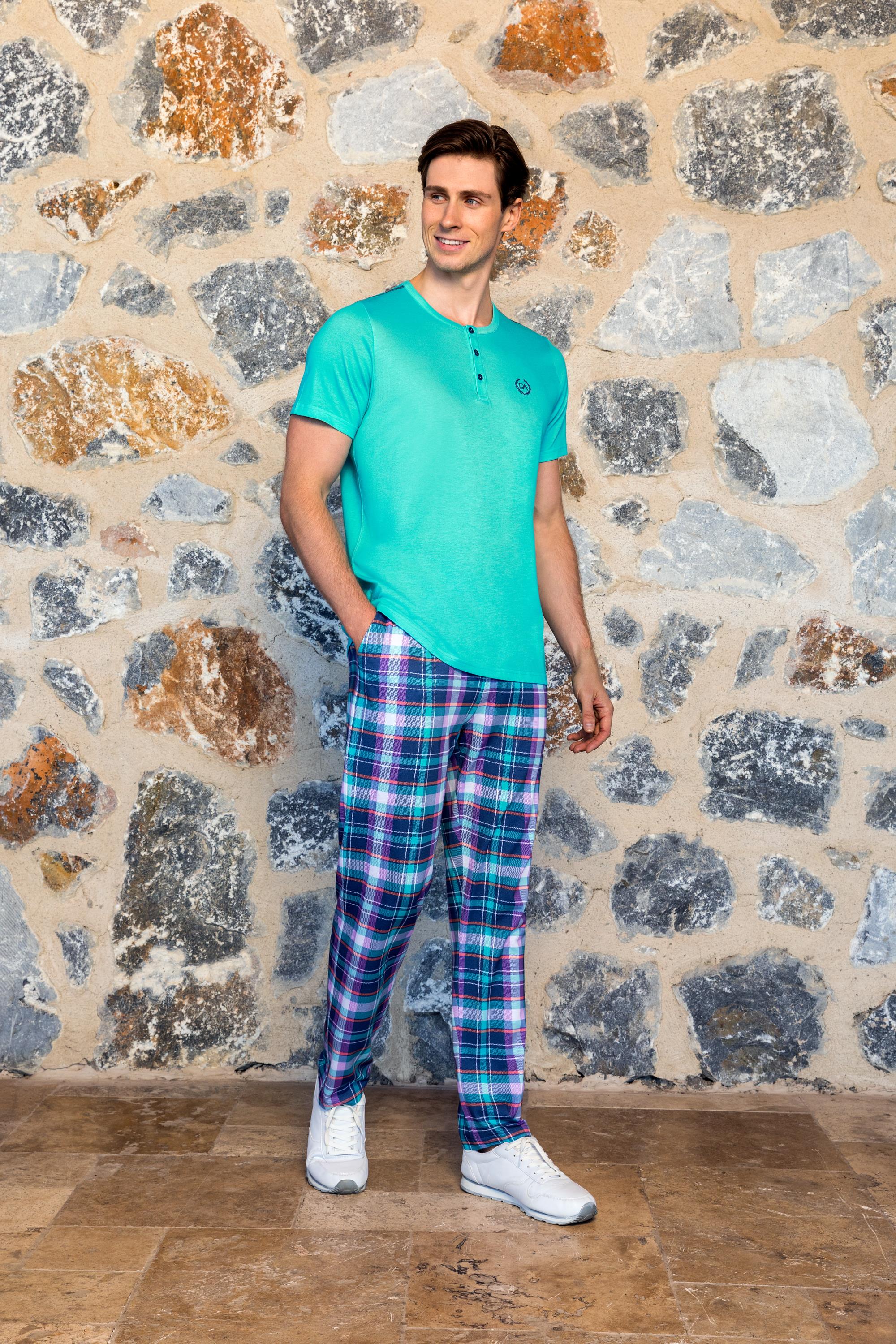 DOREANSE Erkek Turkuaz Düğme Yaka Ekose Pantolon T-Shirt Pijama Takımı 24Y4506