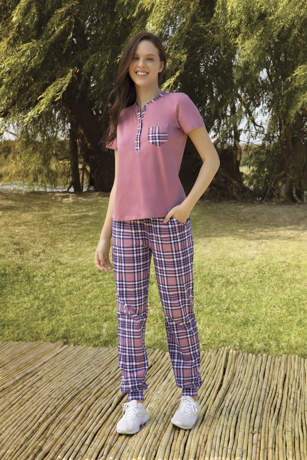 DOREANSE Kadın Pembe Kareli T-Shirt Pijama Takımı 4333 | galiyet.com