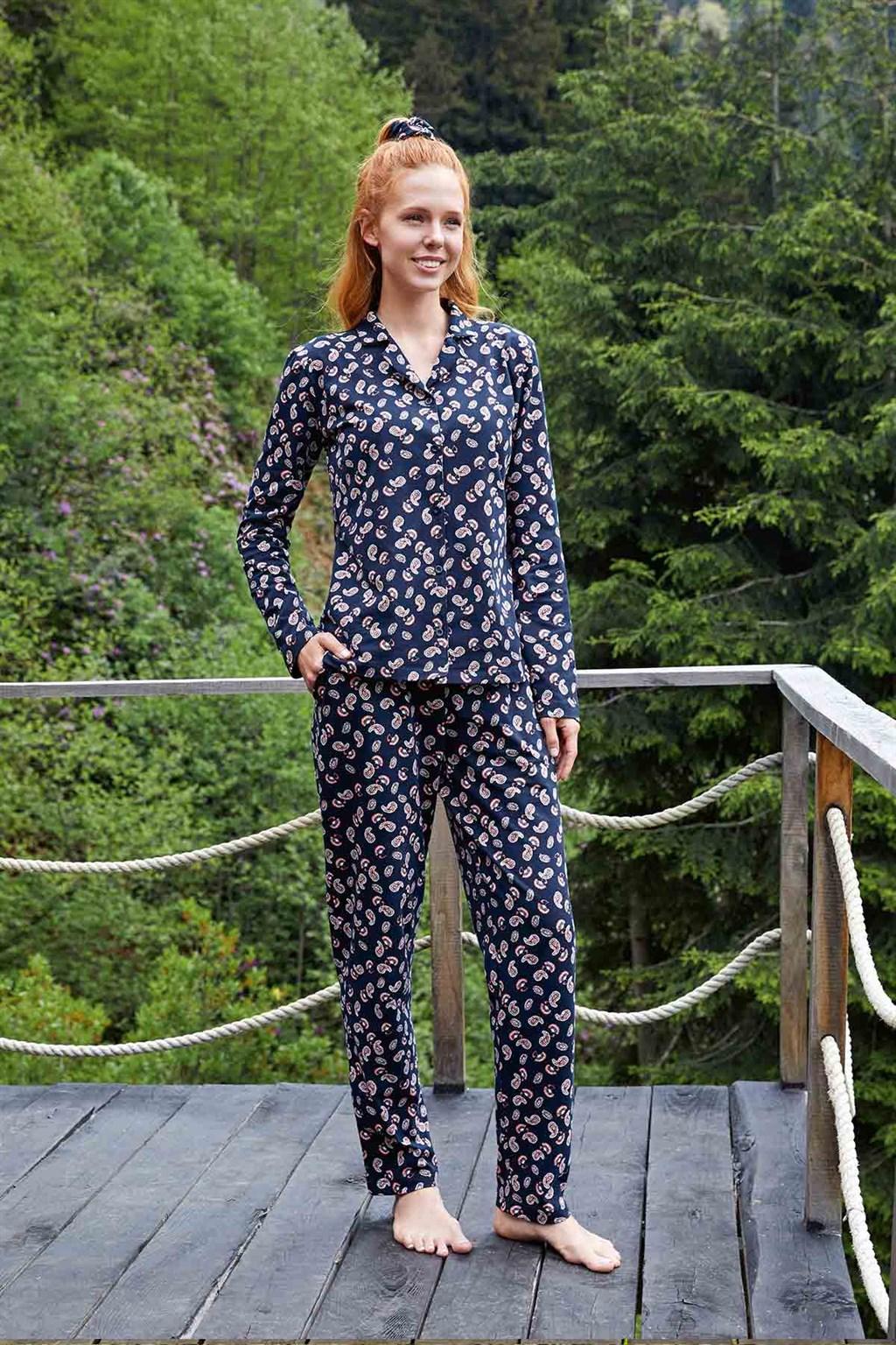 DOREANSE KADIN Lacivert Baskılı Gömlek Pijama Takımı 4082 | galiyet.com