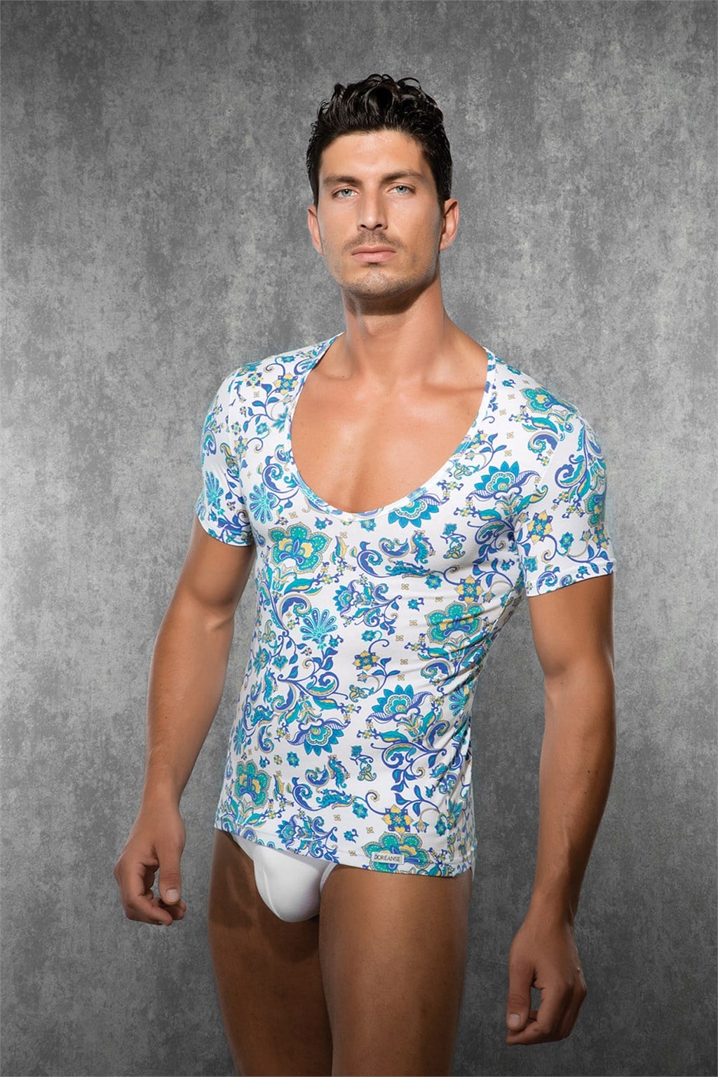 Doreanse Erkek Modal Desenli Geniş Yaka Kısa Kol T Shirt 2835