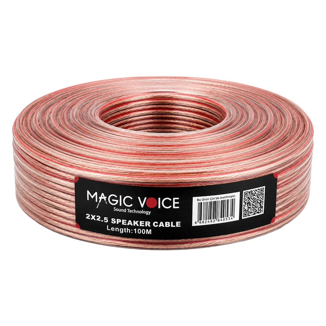 Magicvoice 2x2.50 Şeffaf Kırmızı Çizgili 100 Metre Hoparlör Kablosu