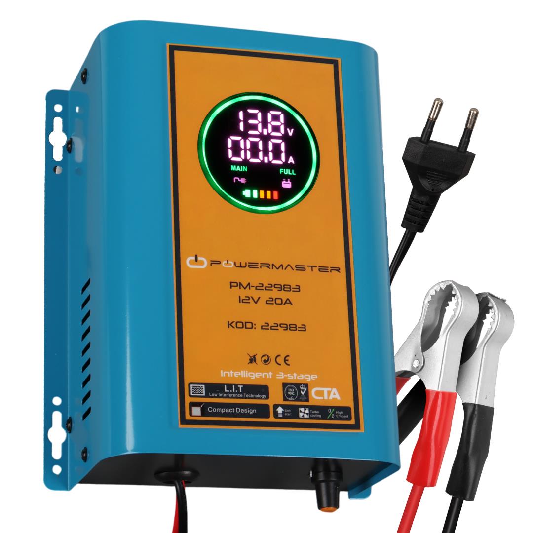 Powermaster PM-22983 12 Volt 20 Amper Dijital Ekranlı Akıllı Akü Şarj Cihazı