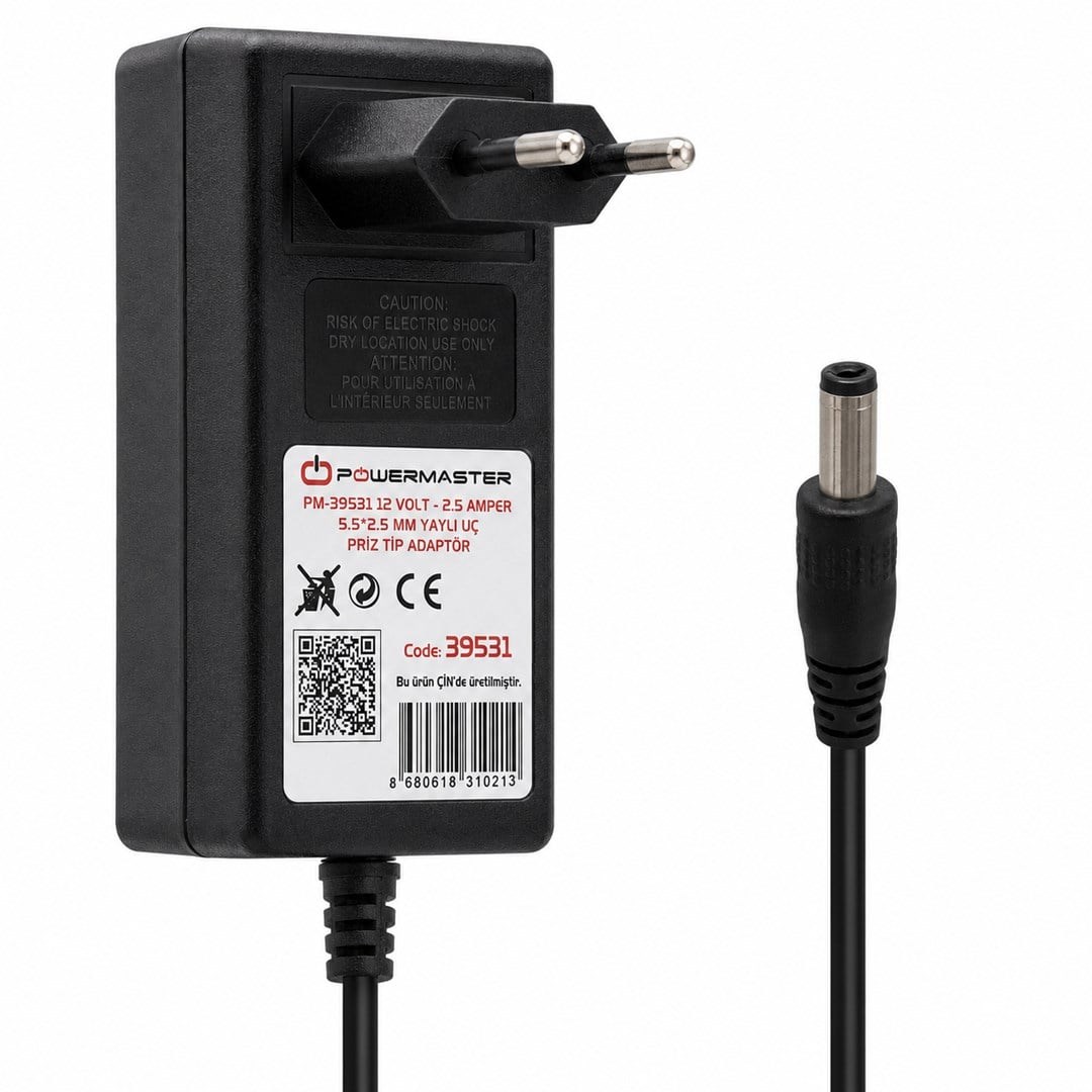 Powermaster PM-39531 Siyah 12 Volt - 2.5 Amper Plastik Kasa 5.5*2.5 Mm Yaylı Uç Priz Tipi Adaptör
