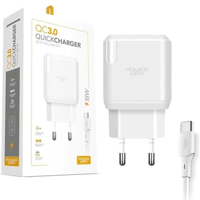 Powerway QCT30 18 Watt 3 Amper Type-C Kablolu Hızlı Şarj Aleti Seti