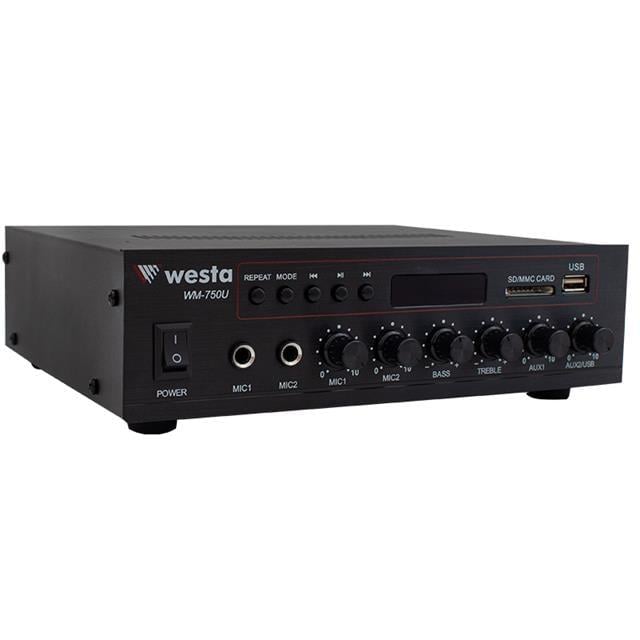 Westa WM-750U 80 Watt 100V-70V Mini 4-16 Ohm USB-SD-Bluetooth 2 Mikrofon Girişli Trafolu Anfi