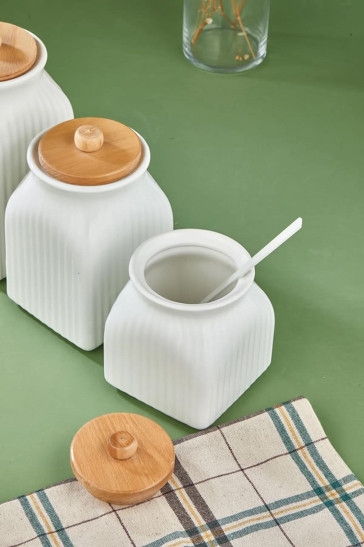 3 Boy Porselen Bambu Kapaklı Çay Kahve Şeker Kavanozu Saklama Kabı