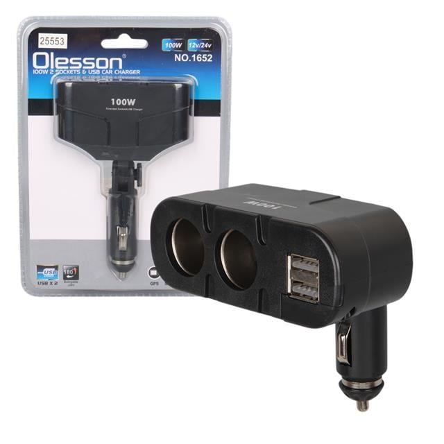 Olesson 1652 12-24V Çift USB Girişli 100W 2'Li Araç Çakmak Çoklayıcı