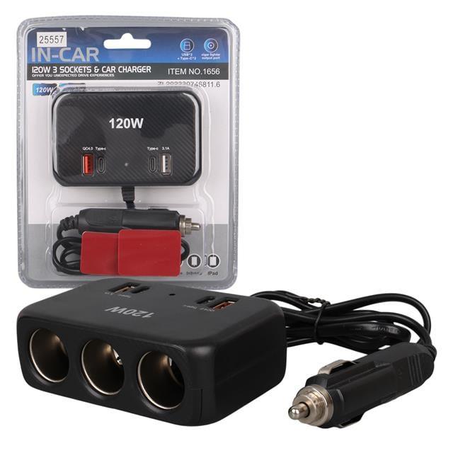 Olesson 1656 12-24V Çift USB + Çift TYPE-C 120W 80Cm Kablolu 3'Lü Araç Çakmak Çoklayıcı