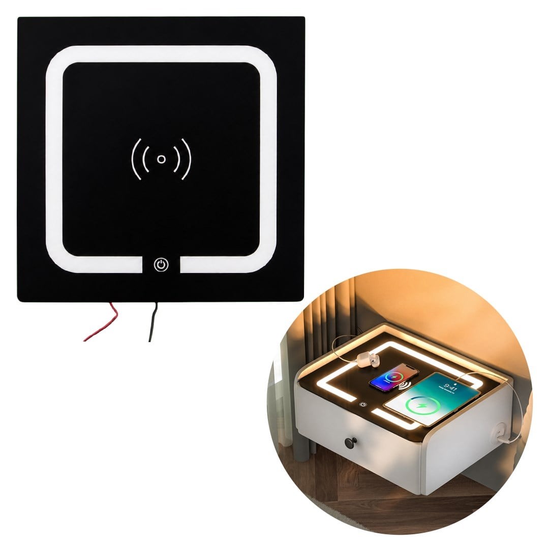 PowerMaster KH-BC01 Mobilya Komodin Kablosuz + Kablolu Şarj Ünitesi BT Speaker Dokunmatik LED Aydınlatma