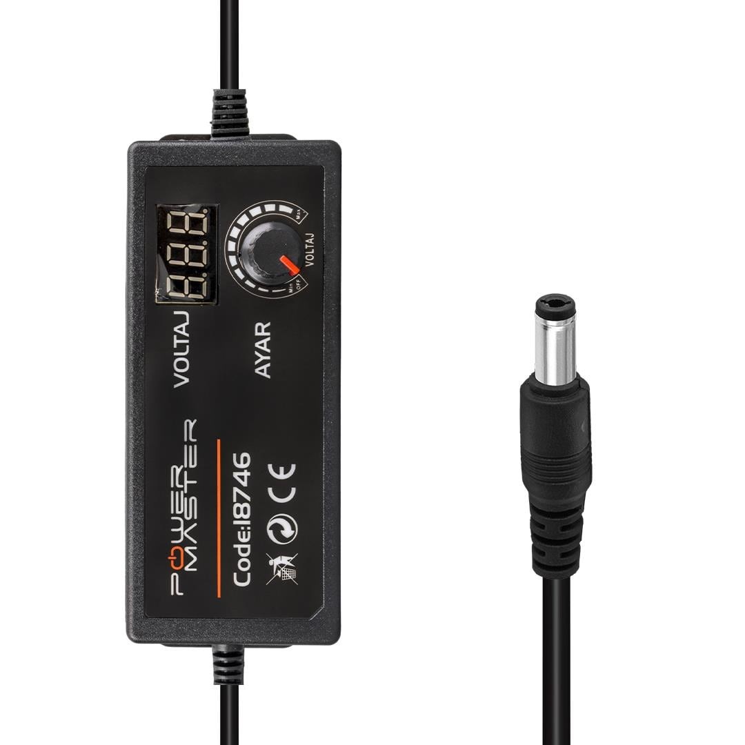 Powermaster PM-18746 Dijital Ekranlı 12 Volt - 24 Volt / 5 Amper Çok Uçlu Ayarlı Kademeli Adaptör