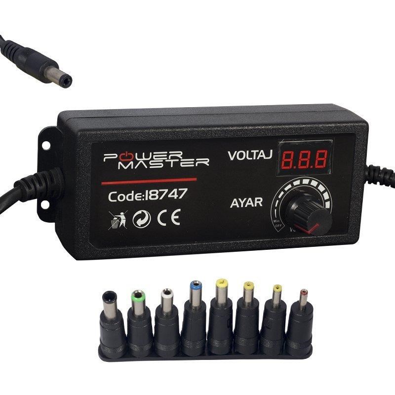 Powermaster PM-18747 Dijital Ekranlı 12 Volt - 24 Volt / 5 Amper Çok Uçlu Ayarlı Kademeli Adaptör