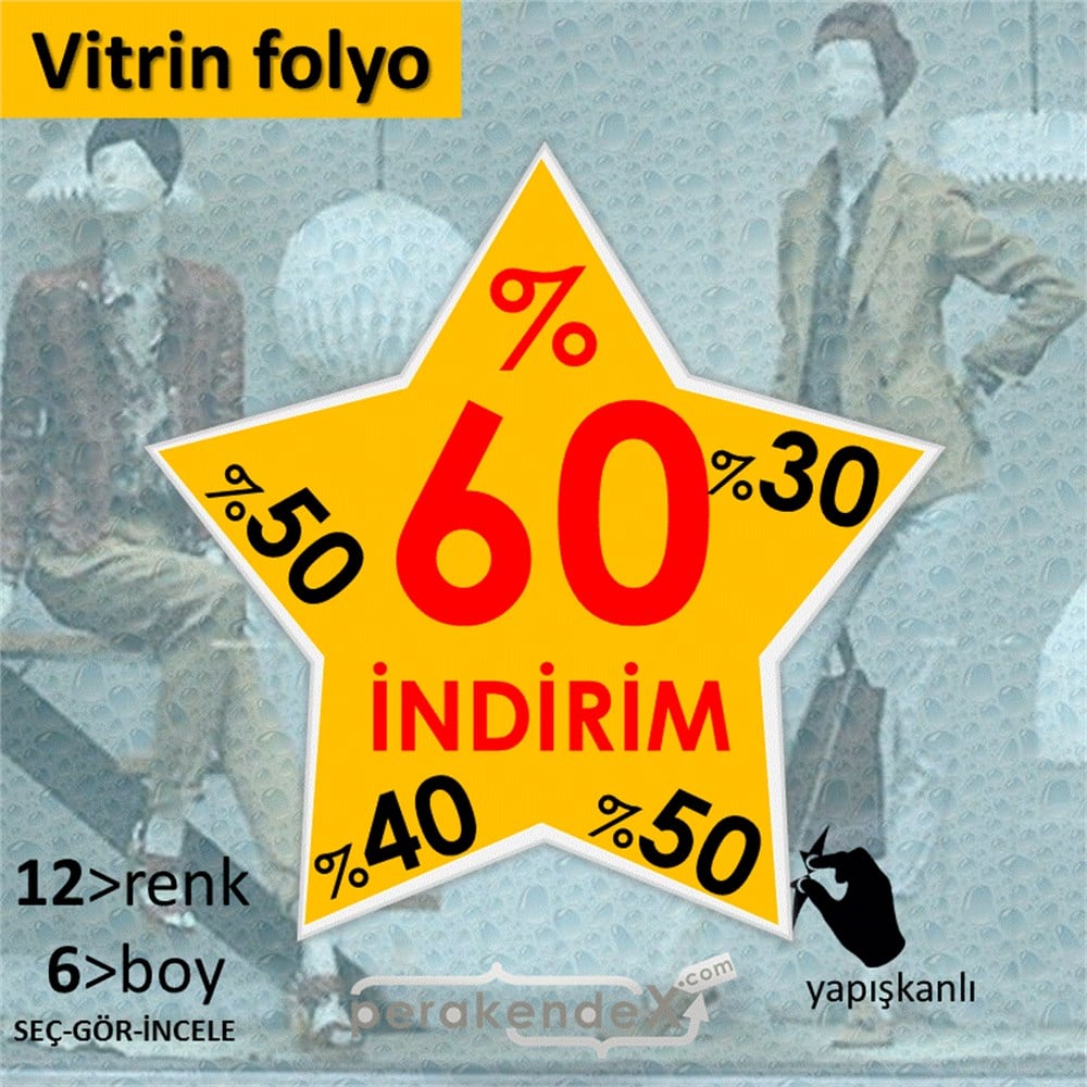 %60'A Kadar İndirim Yıldızlı Kademeli VİTRİN - CAM FOLYO,  VİNİL -yıldız,tek yön baskı