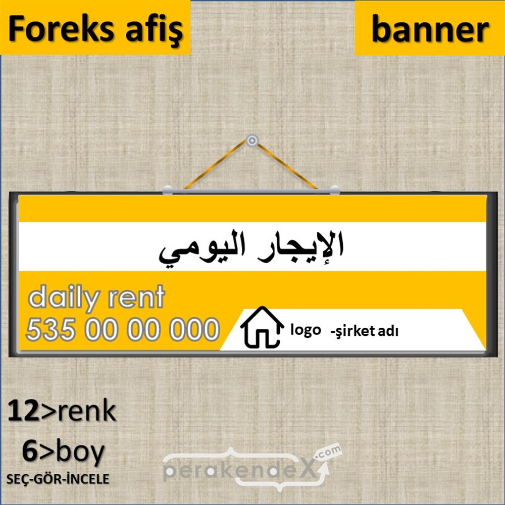 Arapça Günlük Kiralık Yazısı 004 SERT PLASTİK POSTER,  AFİŞ (BANNER) -dikdörtgen,tek yön baskısert plastik poster,  afiş
