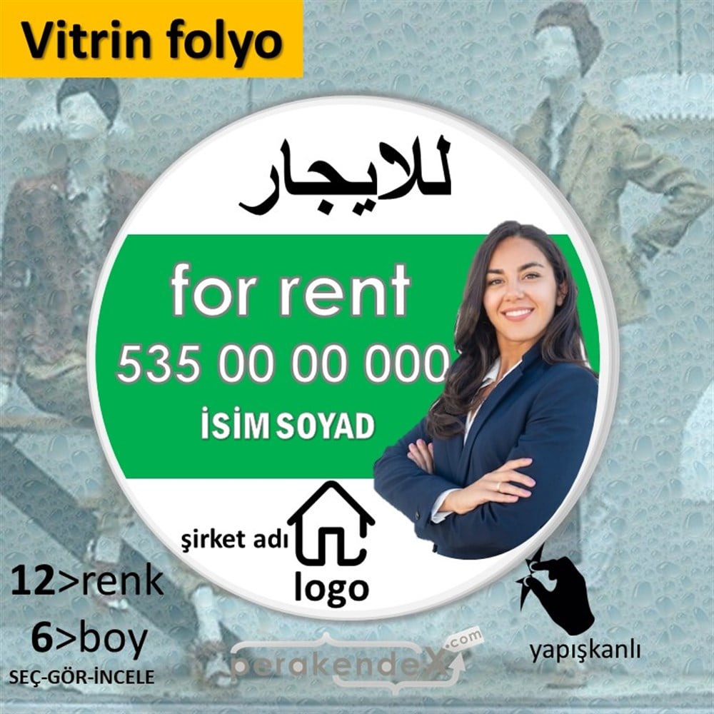Arapça Kiralık Yazısı 102 VİTRİN - CAM FOLYO,  VİNİL -oval,tek yön baskıvitrin - cam folyo,  vinil