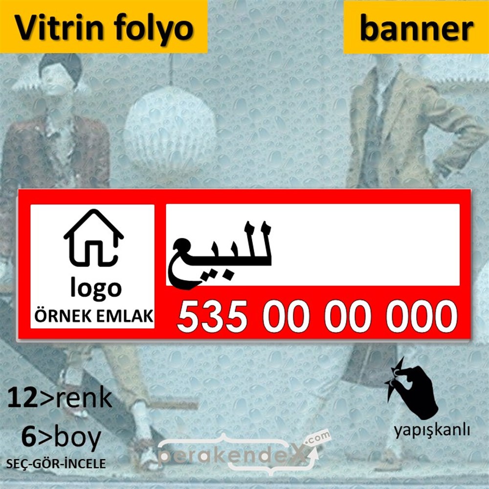 Arapça Satılık Yazısı 001 VİTRİN, CAM FOLYO,  VİNİL (BANNER) -dikdörtgen,tek yön baskıvitrin - cam folyo,  vinil