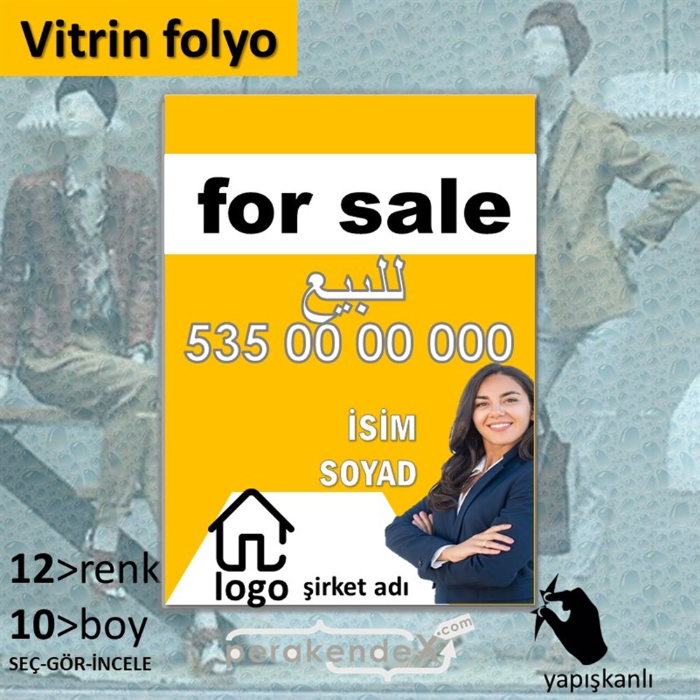 Arapça Satılık Yazısı 002 VİTRİN - CAM FOLYO,  VİNİL -dikdörtgen,tek yön baskıvitrin - cam folyo,  vinil