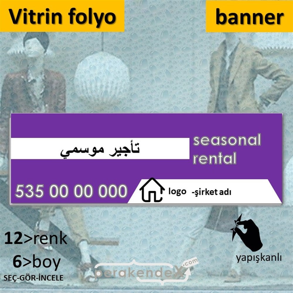 Arapça Sezonluk Kiralık Yazısı 004 VİTRİN, CAM FOLYO,  VİNİL (BANNER) -dikdörtgen,tek yön baskıvitrin - cam folyo,  vinil