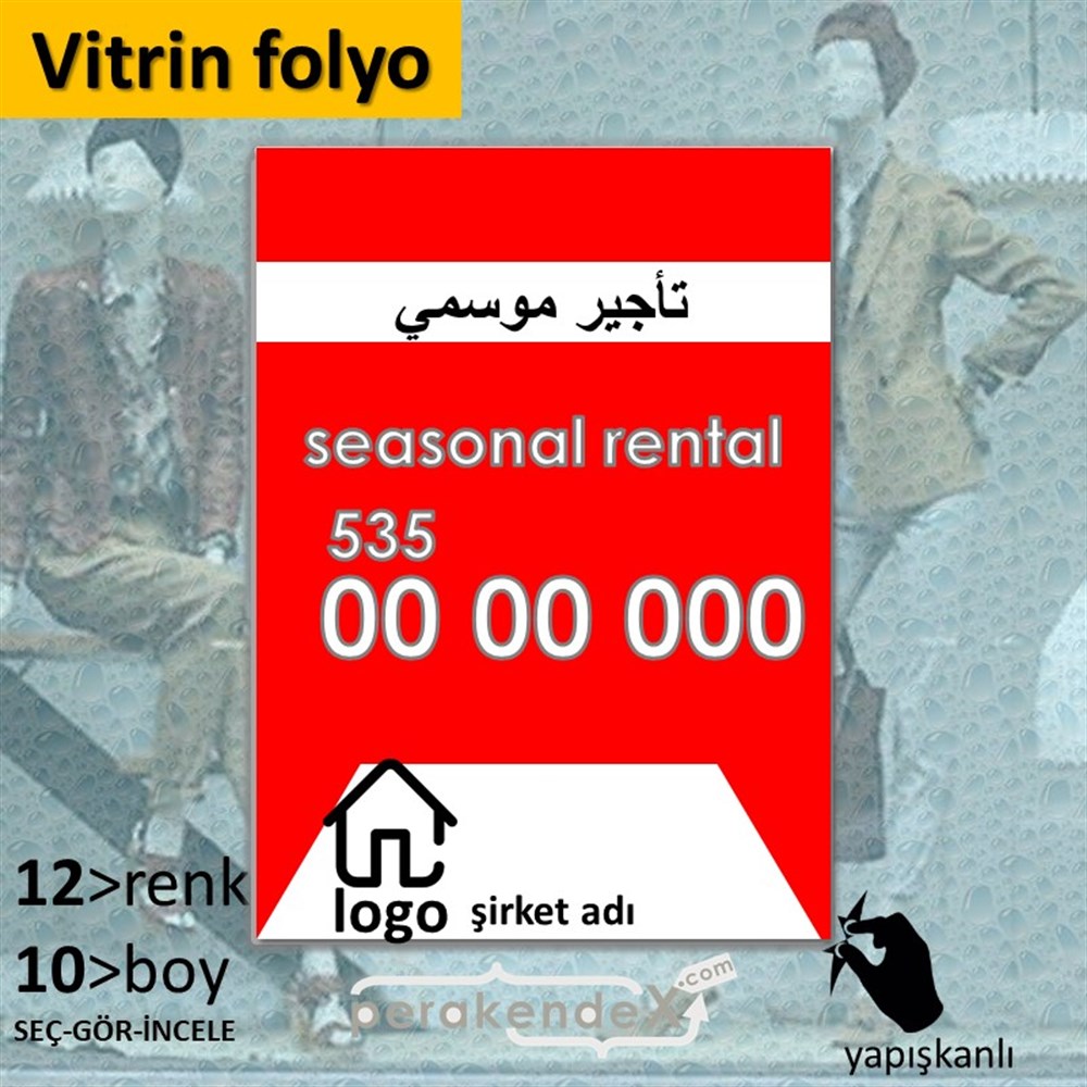 Arapça Sezonluk Kiralık Yazısı 004 VİTRİN - CAM FOLYO,  VİNİL -dikdörtgen,tek yön baskıvitrin - cam folyo,  vinil