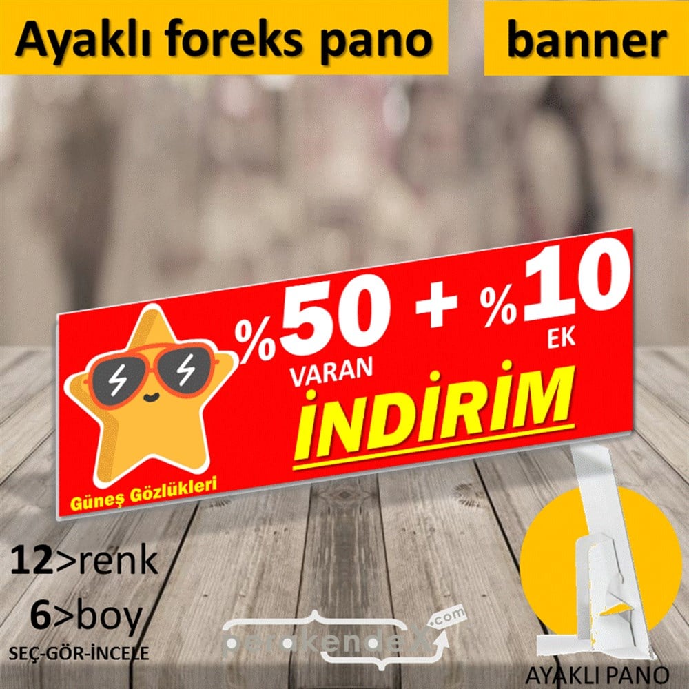 Güneş Gözlükleri İndirim Yüzde 50 Artı 10 KARTON AYAKLI POSTER,  PANO (BANNER) -dikdörtgen,tek yön baskı