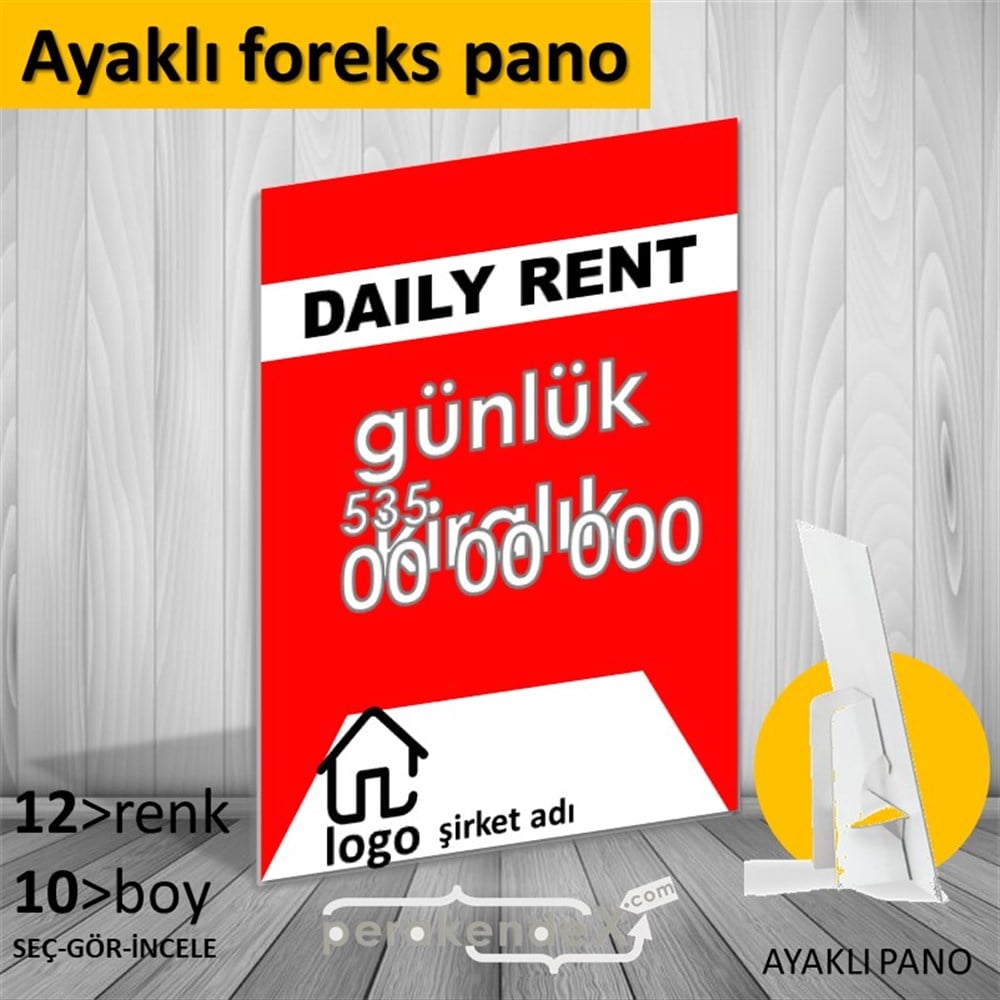 İngilizce  Günlük Kiralık Yazısı 004 KARTON AYAKLI POSTER,  PANO -dikdörtgen,tek yön baskıkarton ayaklı poster,  pano