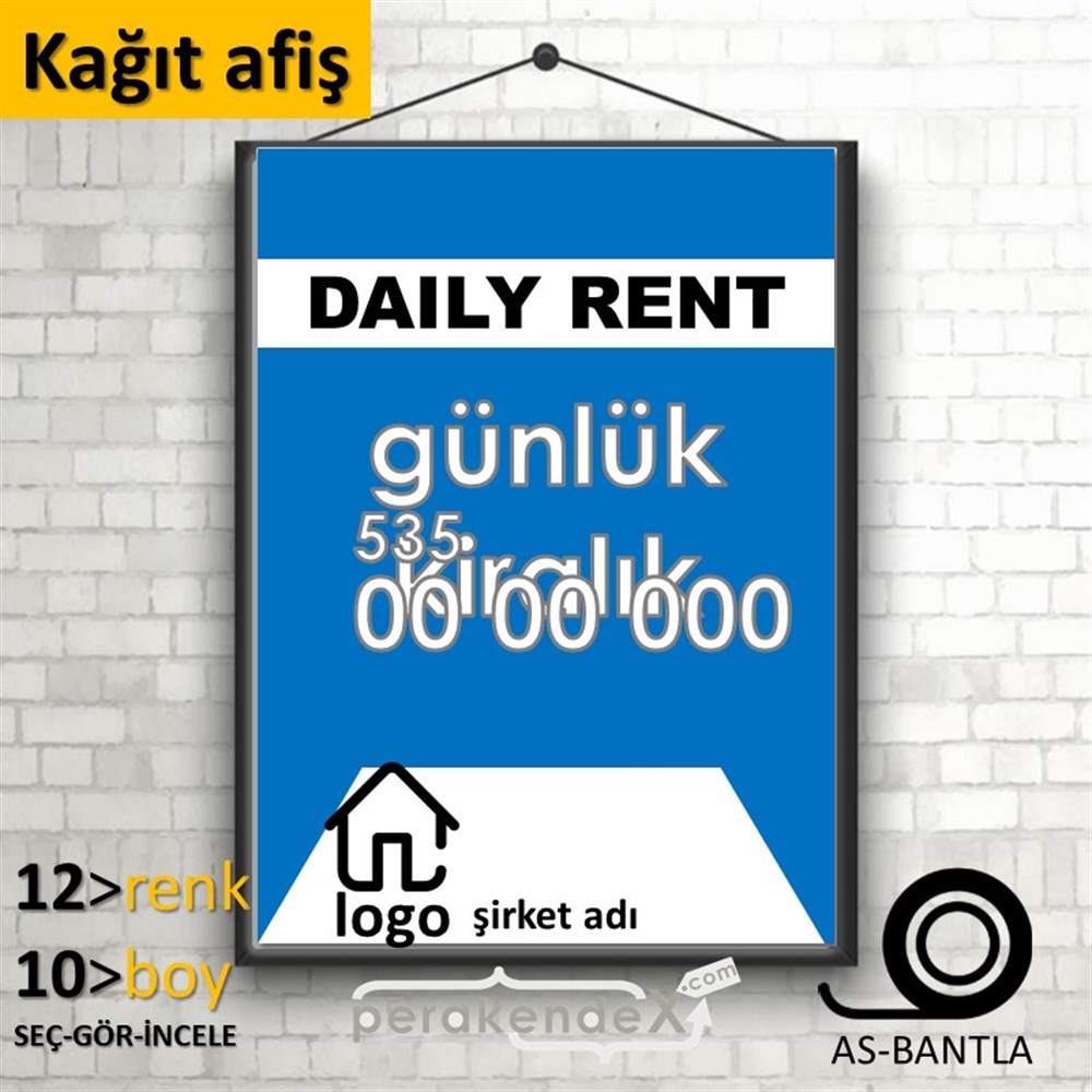 İngilizce  Günlük Kiralık Yazısı 004 KAĞIT POSTER,  AFİŞ -dikdörtgen,tek yön baskıkağıt poster,  afiş