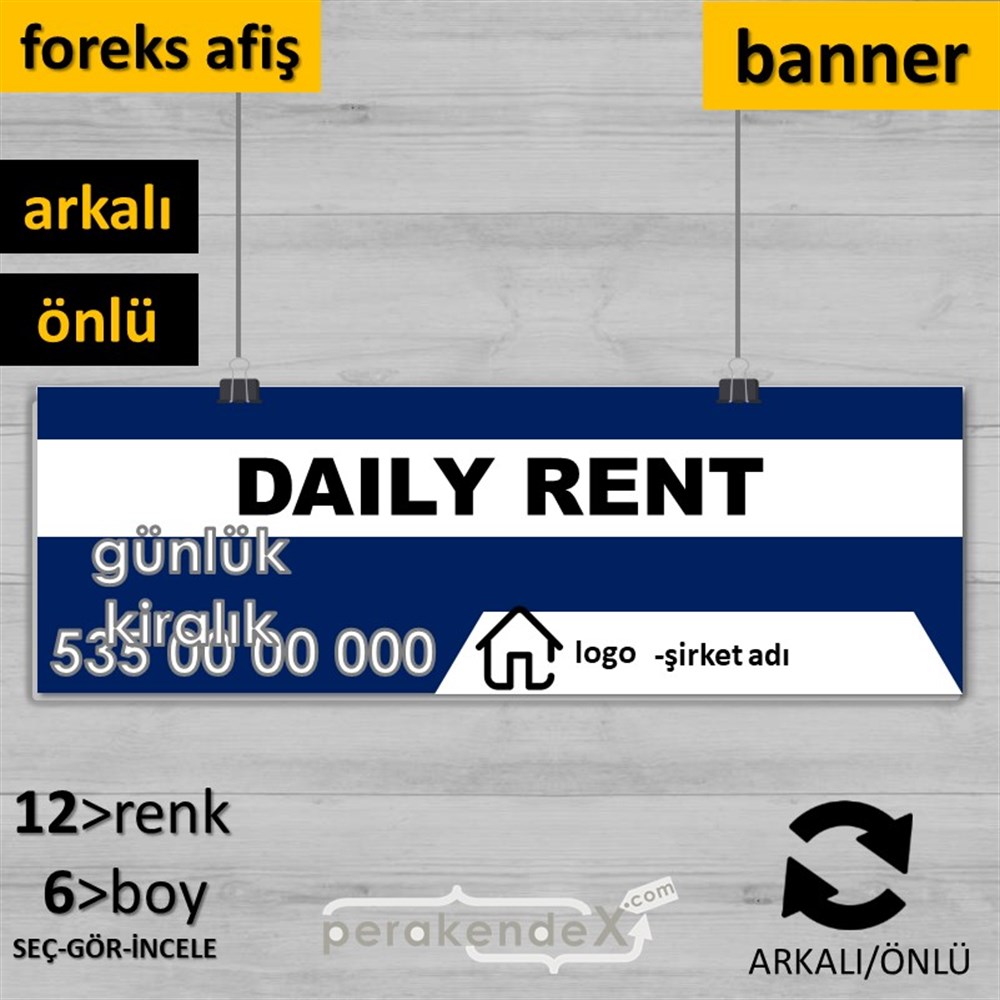 İngilizce  Günlük Kiralık Yazısı 004 SERT PLASTİK POSTER,  AFİŞ (BANNER) -dikdörtgen,çift yön baskısert plastik poster,  afiş