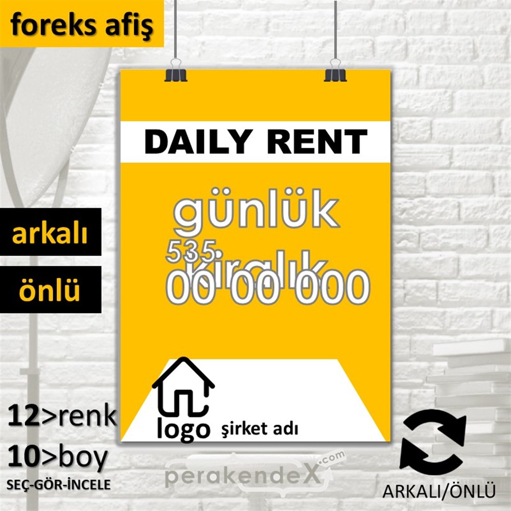 İngilizce  Günlük Kiralık Yazısı 004 SERT PLASTİK POSTER,  AFİŞ -dikdörtgen,çift yön baskısert plastik poster,  afiş