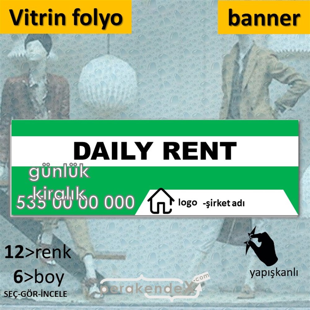 İngilizce  Günlük Kiralık Yazısı 004 VİTRİN, CAM FOLYO,  VİNİL (BANNER) -dikdörtgen,tek yön baskıvitrin - cam folyo,  vinil