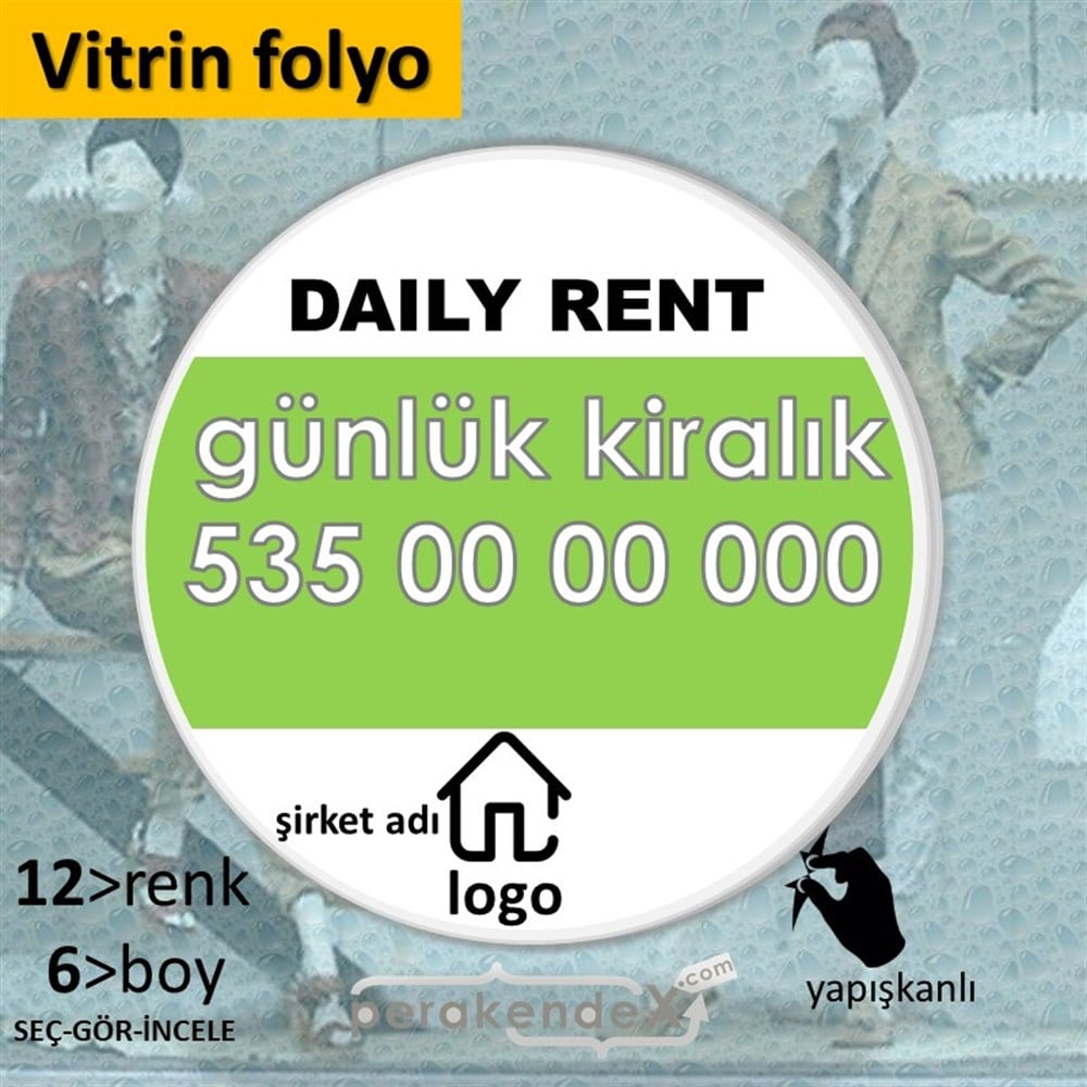İngilizce  Günlük Kiralık Yazısı 004 VİTRİN - CAM FOLYO,  VİNİL -oval,tek yön baskıvitrin - cam folyo,  vinil