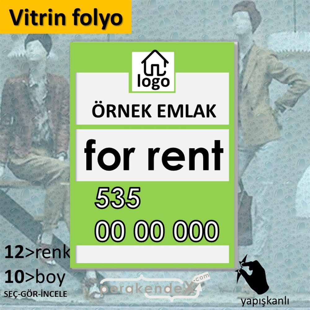 İngilizce Kiralık Yazısı 001 VİTRİN - CAM FOLYO,  VİNİL -dikdörtgen,tek yön baskıvitrin - cam folyo,  vinil