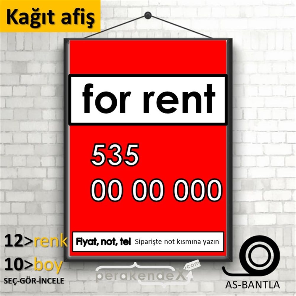 İngilizce Kiralık Yazısı 005 KAĞIT POSTER,  AFİŞ -dikdörtgen,tek yön baskıkağıt poster,  afiş