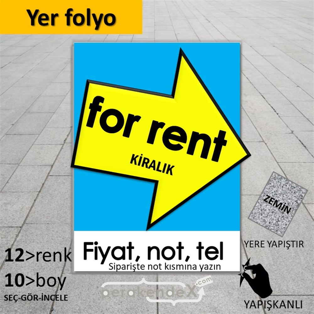 İngilizce Kiralık Yazısı 007 YER - ZEMİN FOLYO,  VİNİL -dikdörtgen,tek yön baskıyer - zemin folyo,  vinil