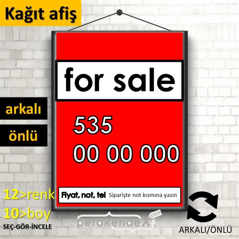 İngilizce Satılık Yazısı 005 KAĞIT POSTER,  AFİŞ -dikdörtgen,çift yön baskıkağıt poster,  afiş