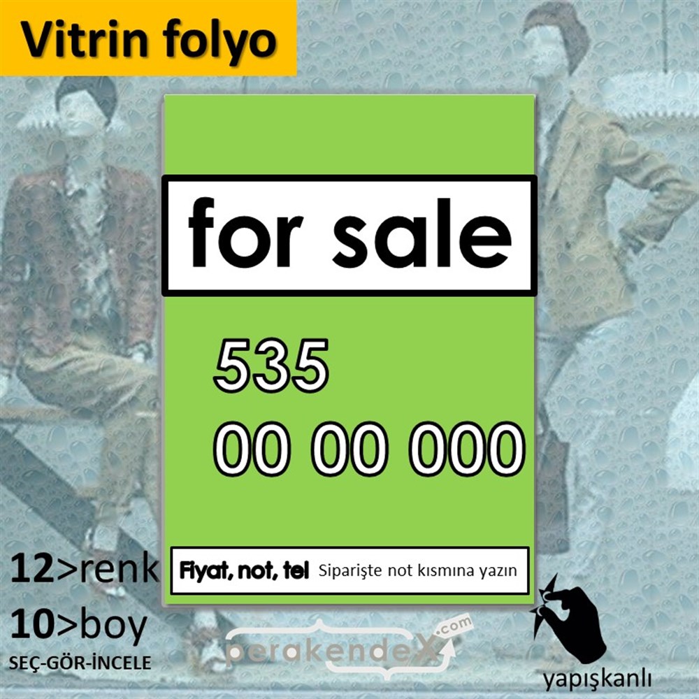 İngilizce Satılık Yazısı 005 VİTRİN - CAM FOLYO,  VİNİL -dikdörtgen,tek yön baskıvitrin - cam folyo,  vinil