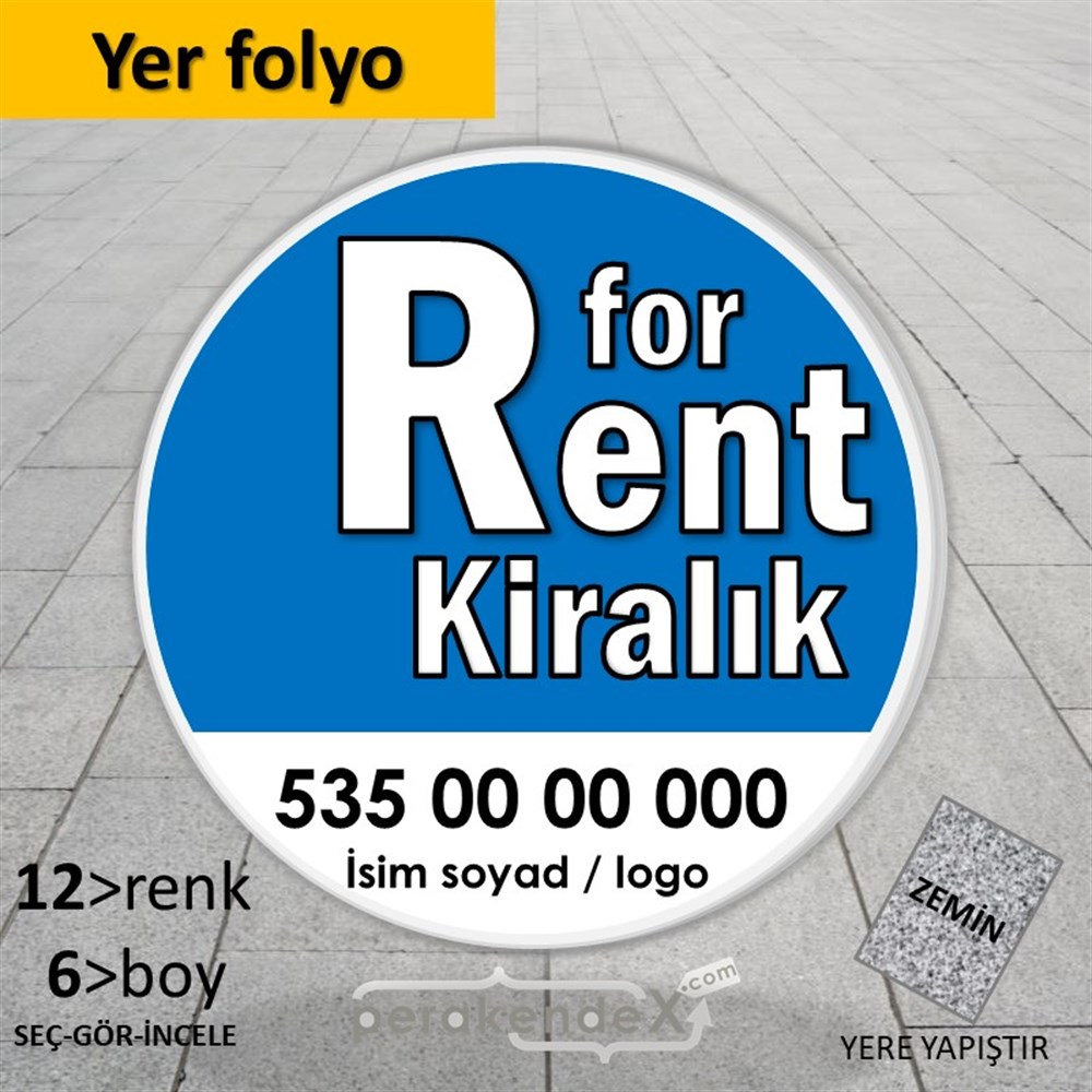 İngilizce Tr Kiralık Yazısı 008 YER - ZEMİN FOLYO,  VİNİL -oval,tek yön baskıyer - zemin folyo,  vinil