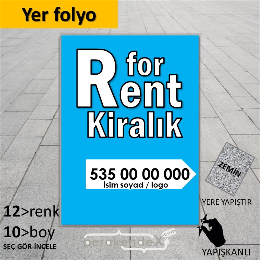 İngilizce Tr Kiralık Yazısı 008 YER - ZEMİN FOLYO,  VİNİL -dikdörtgen,tek yön baskıyer - zemin folyo,  vinil