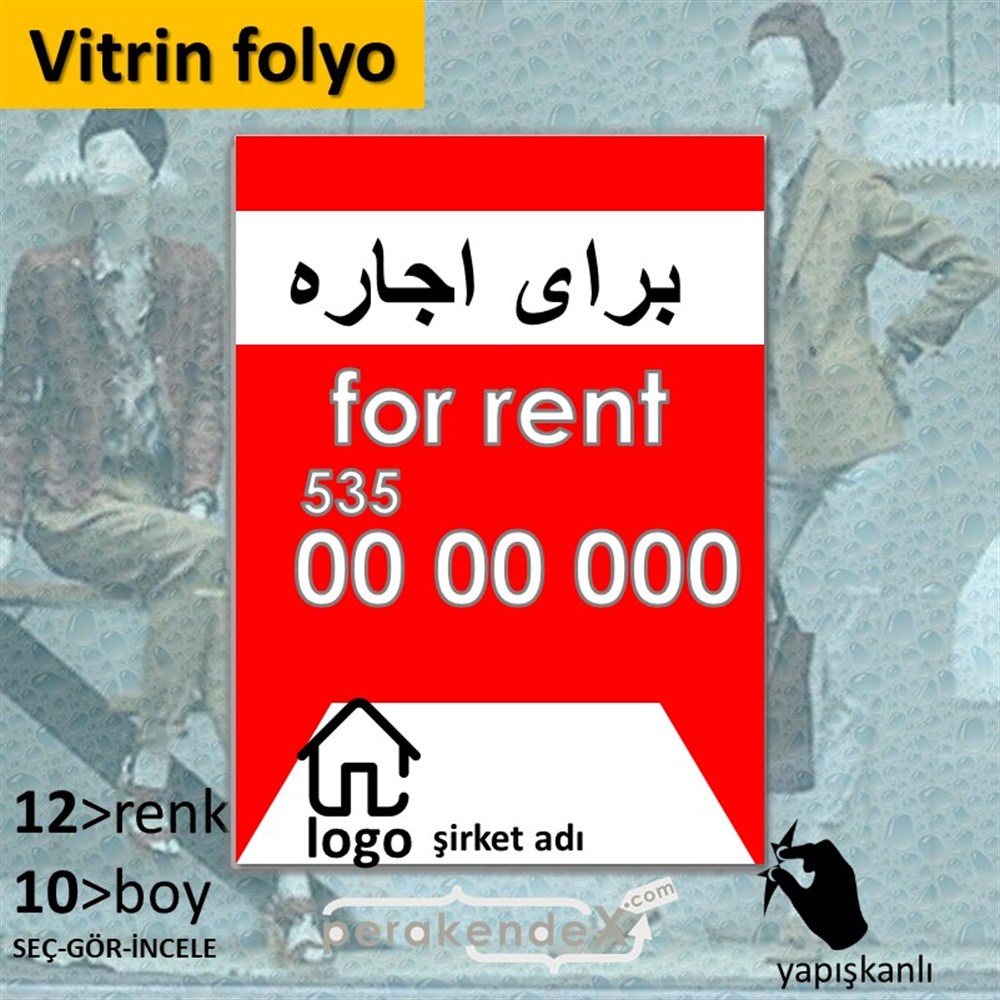 İranca Farça Kiralık Yazısı 003 VİTRİN - CAM FOLYO,  VİNİL -dikdörtgen,tek yön baskıvitrin - cam folyo,  vinil