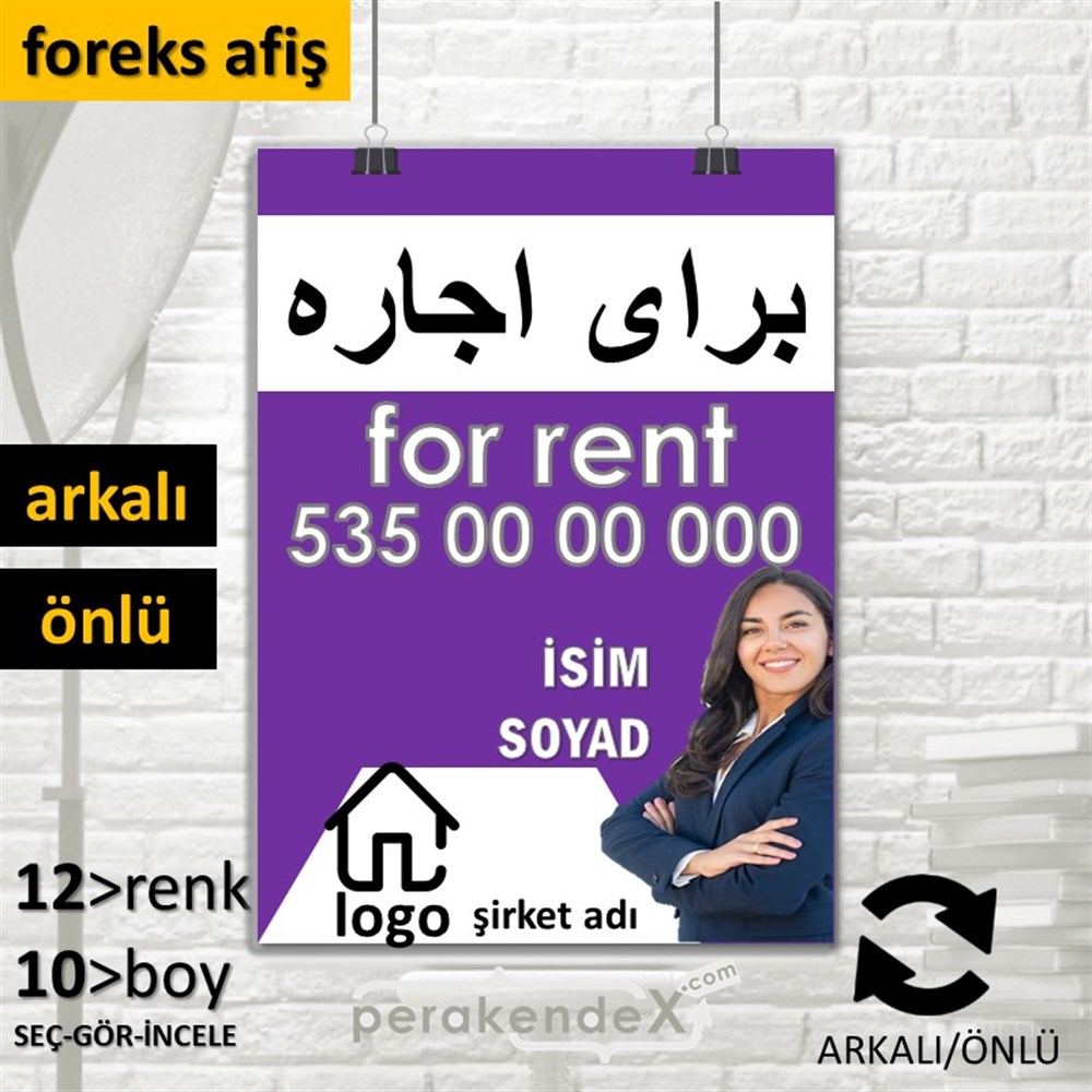 İranca Farsça Kiralık Yazısı 102 SERT PLASTİK POSTER,  AFİŞ -dikdörtgen,çift yön baskısert plastik poster,  afiş