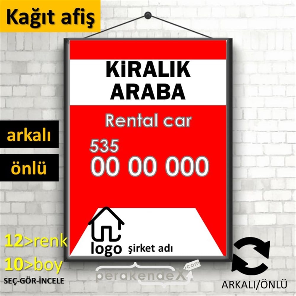 Kiralık Araba Yazısı 004 KAĞIT POSTER,  AFİŞ -dikdörtgen,çift yön baskıkağıt poster,  afiş