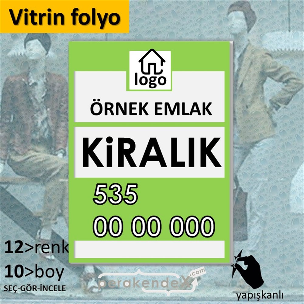 Kiralık Yazısı 001 VİTRİN - CAM FOLYO,  VİNİL -dikdörtgen,tek yön baskıvitrin - cam folyo,  vinil