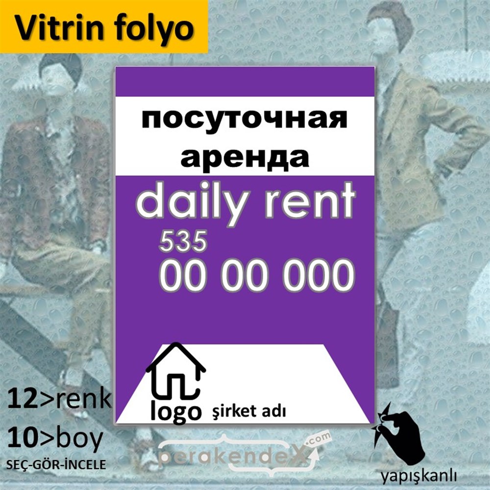 Rusça Günlük Kiralık Yazısı 004 VİTRİN - CAM FOLYO,  VİNİL -dikdörtgen,tek yön baskıvitrin - cam folyo,  vinil