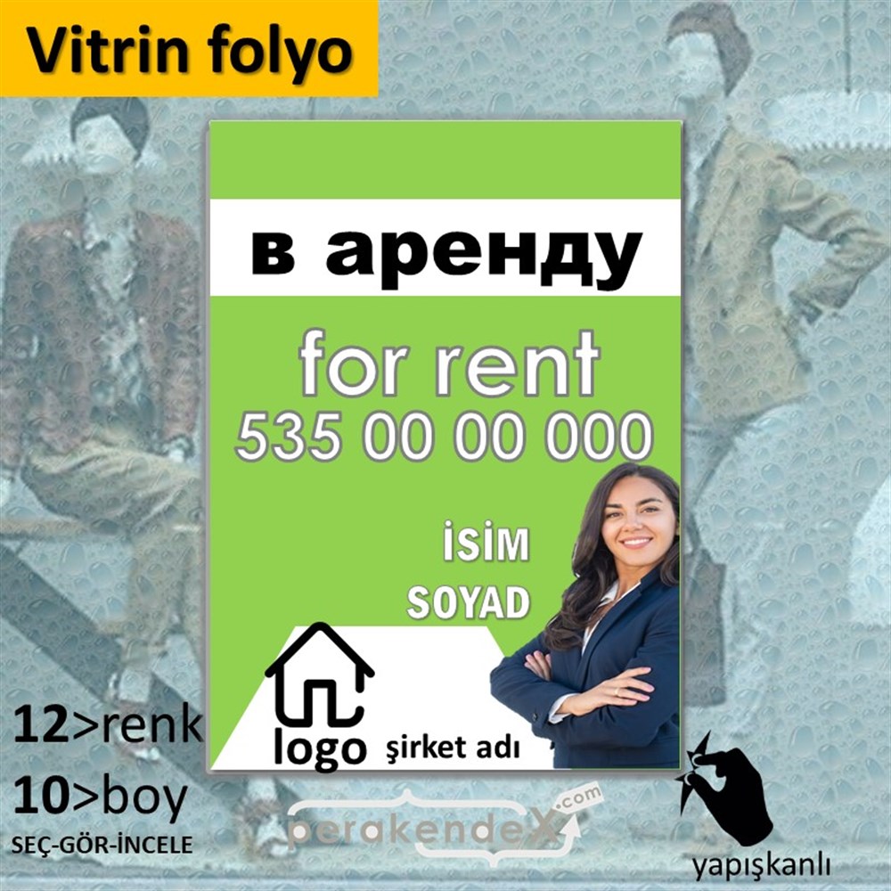 Rusça Kiralık Yazısı 002 VİTRİN - CAM FOLYO,  VİNİL -dikdörtgen,tek yön baskıvitrin - cam folyo,  vinil