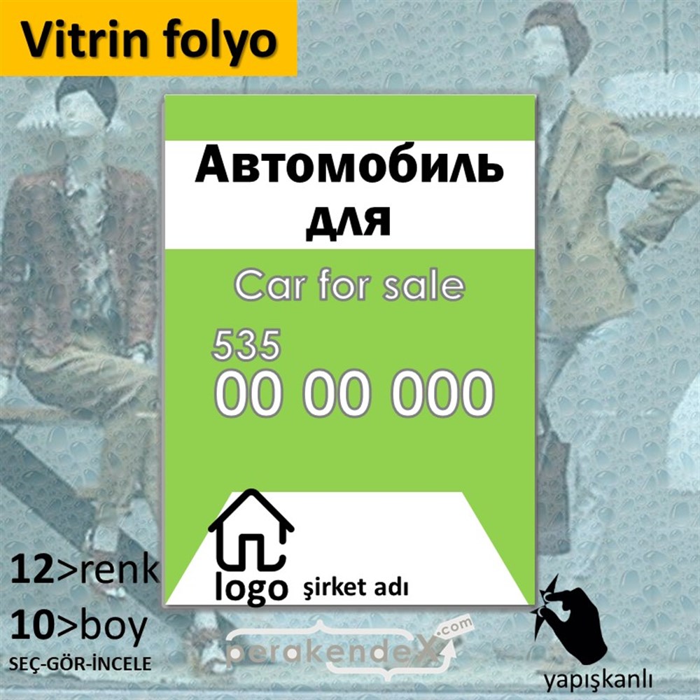 Rusça Satılık Araba Yazısı 004 VİTRİN - CAM FOLYO,  VİNİL -dikdörtgen,tek yön baskıvitrin - cam folyo,  vinil