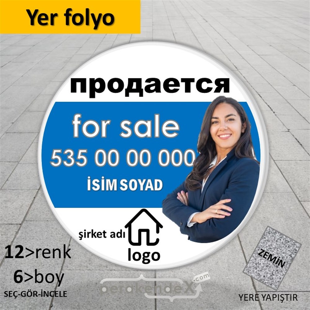 Rusça Satılık Yazısı 002 YER - ZEMİN FOLYO,  VİNİL -oval,tek yön baskıyer - zemin folyo,  vinil