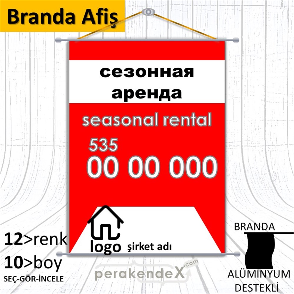 Rusça Sezonluk Kiralık Yazısı 004 BRANDA POSTER,  AFİŞ -dikdörtgen,tek yön baskıbranda poster,  afiş